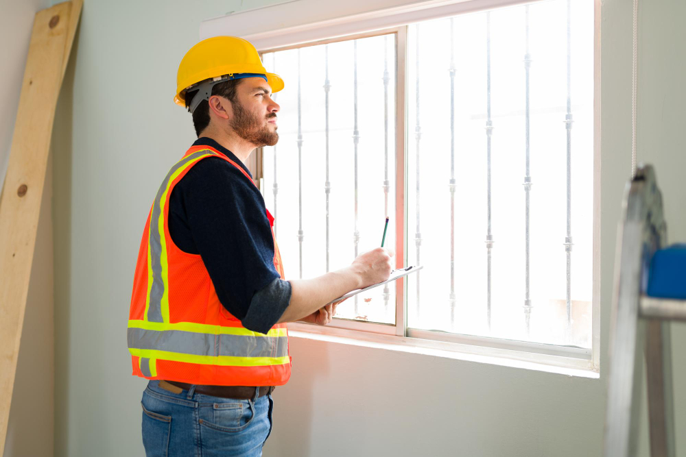 focused inspection expert with safety helmet checking quality windows walls construction site